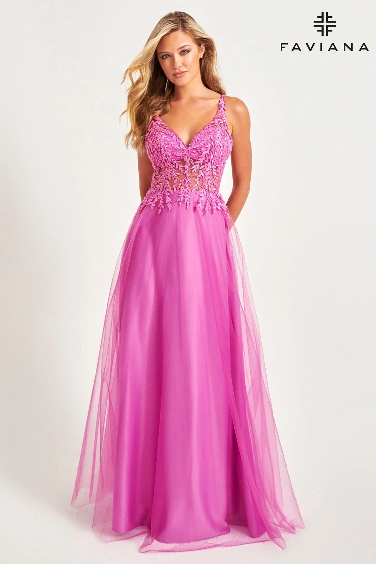 strapless open back dress Faviana 11055 Tulle Applique V-Neck with Full Skirt – Harriman Clothing Co