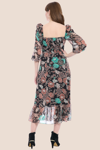 Batik Floral Square Neck Dress | Black/Redwood