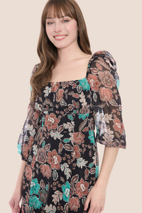 Batik Floral Square Neck Dress | Black/Redwood