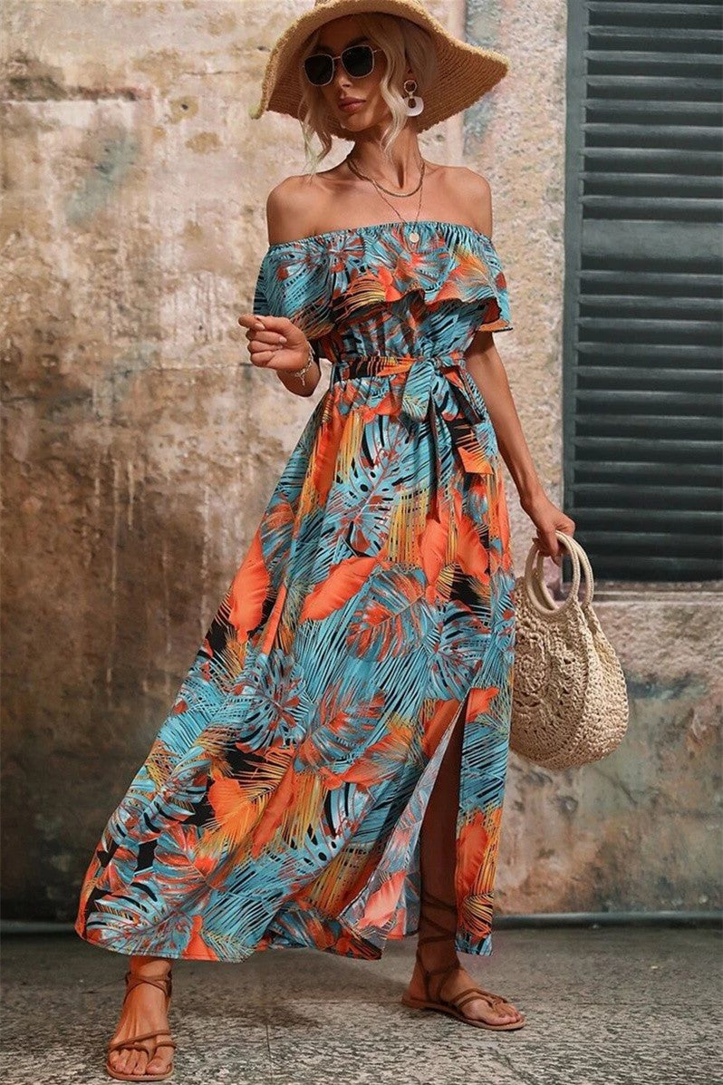 Off Shoulder Ruffled Boho Print Dress | Orange/Blue – Harriman Clothing