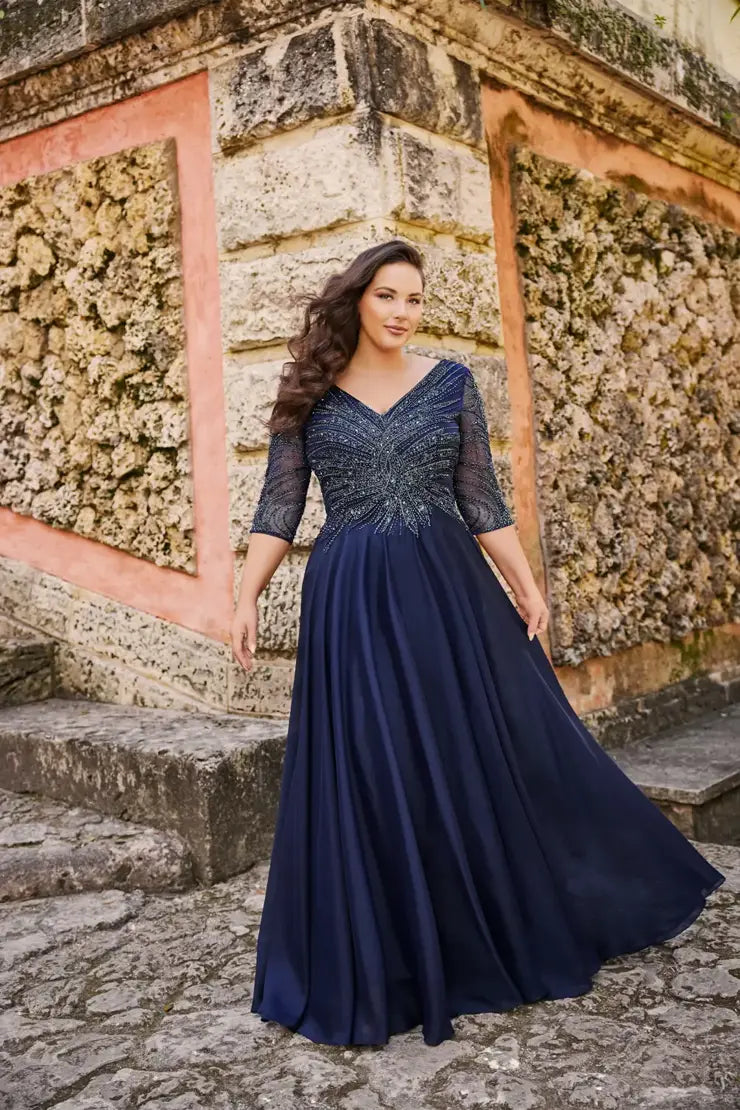 Montage 116950 Beaded Chiffon A-Line Gown with Fully beaded 3/4 sleeve Harriman Clothing Co. Montage 116950 Beaded Chiffon A-Line Gown with Fully beaded 3/4 sleeve Harriman Clothing Co.
