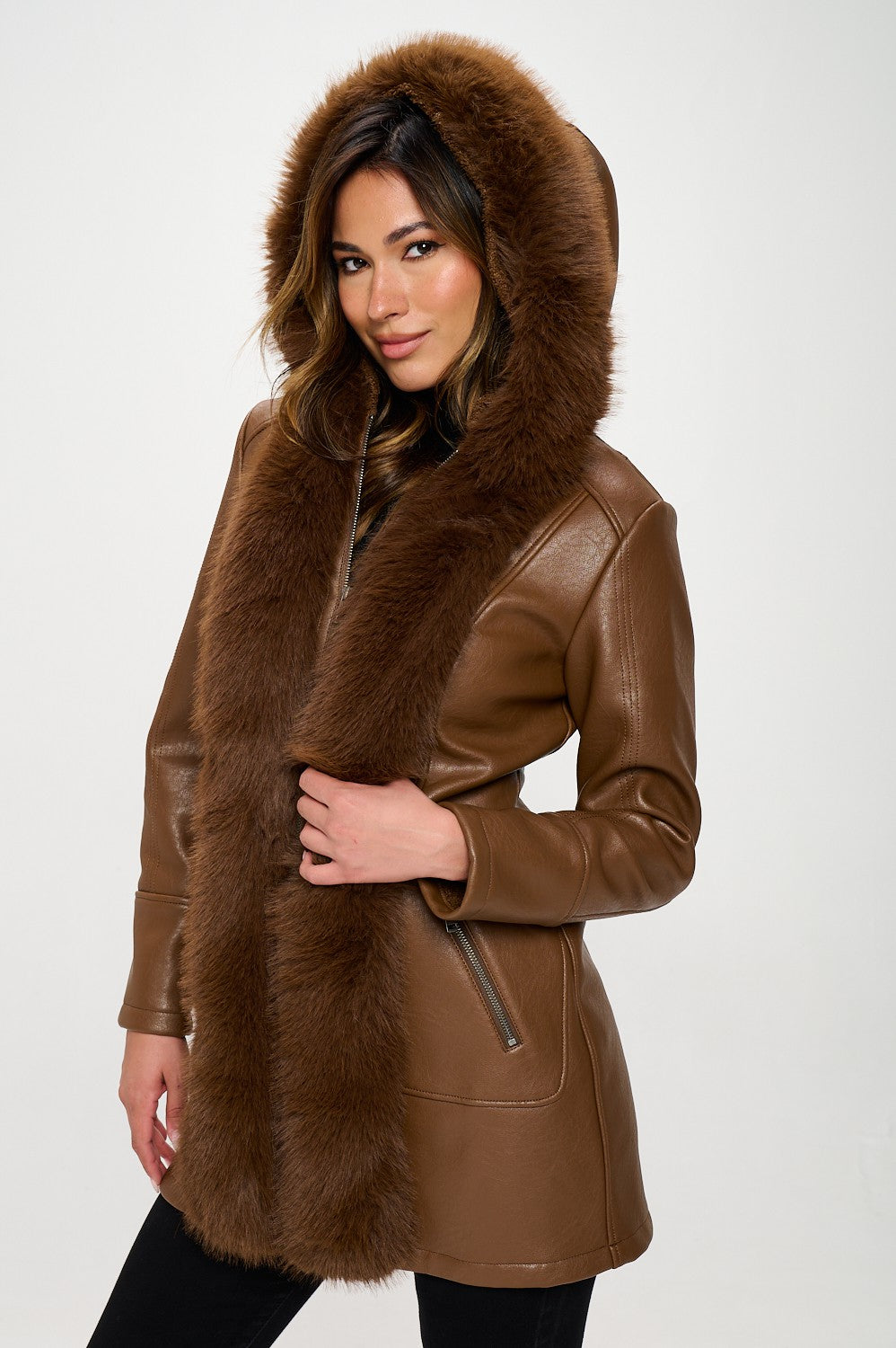 Fur Trimmed Zip Faux Leather Jacket | Camel