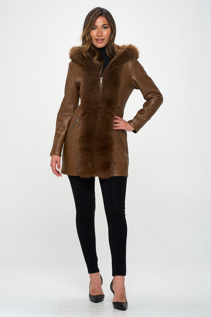 Fur Trimmed Zip Faux Leather Jacket | Camel