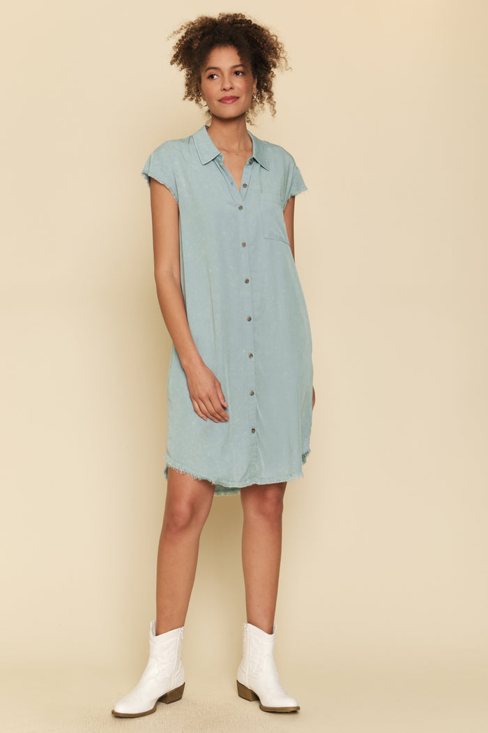 Frayed Edge Tencel Shirt Dress | Light Blue