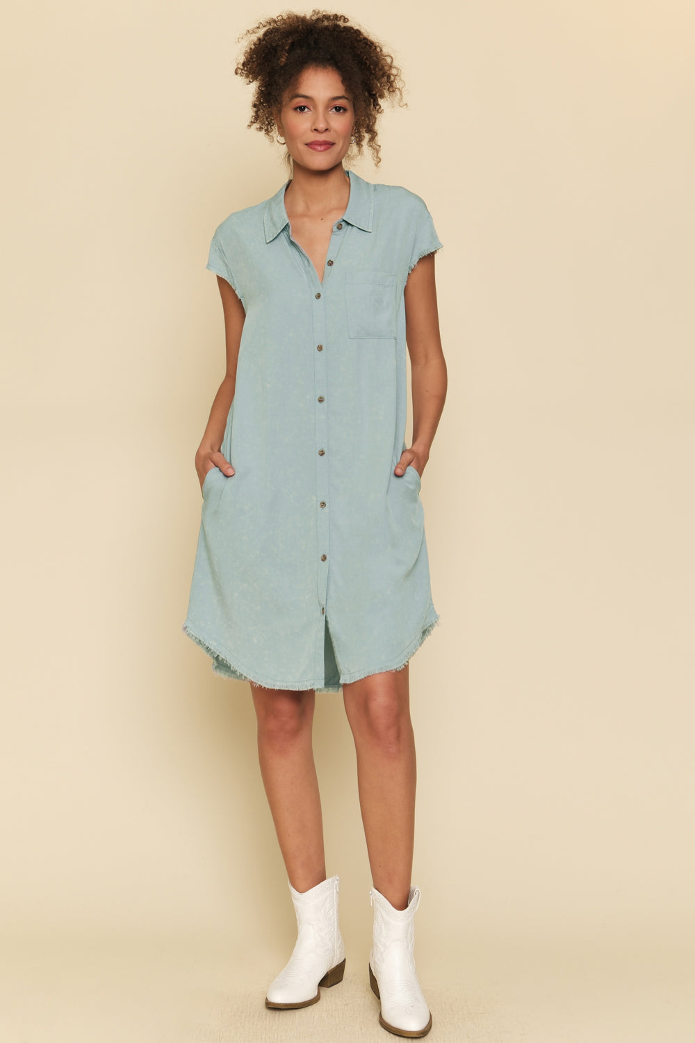 Frayed Edge Tencel Shirt Dress | Light Blue