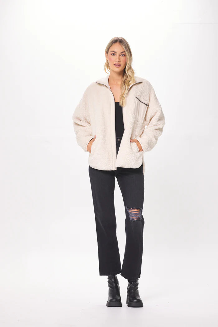 Shearling Zip Front Jacket with Faux Leather Combo | Ecru