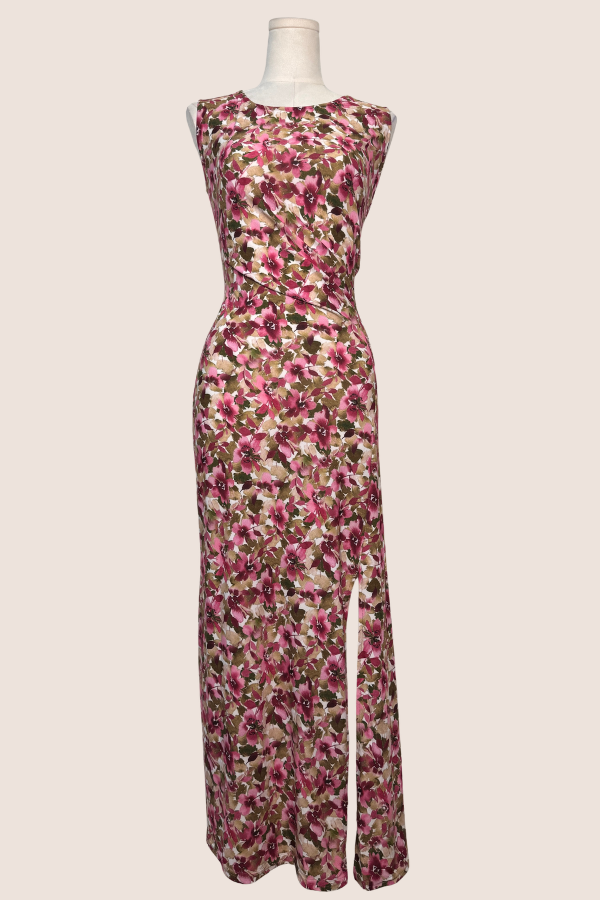 Rouched Maxi Dress with Slit | Black/White Leaf, Pink/Mocha Floral Harriman Clothing Co. Rouched Maxi Dress with Slit | Black/White Leaf, Pink/Mocha Floral Harriman Clothing Co.