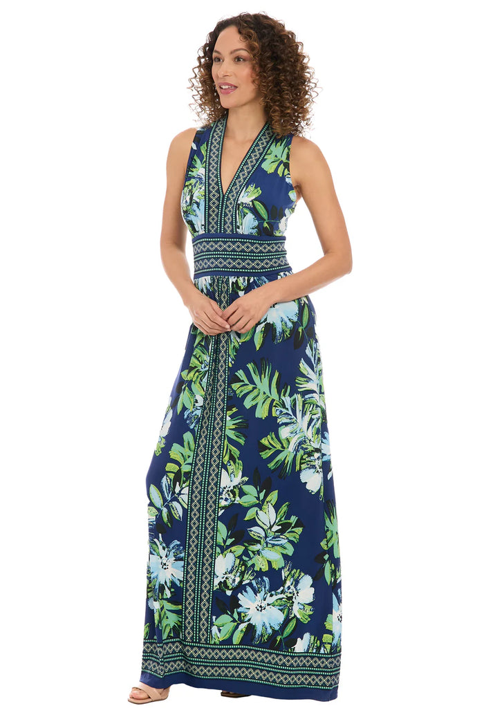Jersey Floral Sleeveless V-Neck Maxi w/ Border Print | Navy/Green