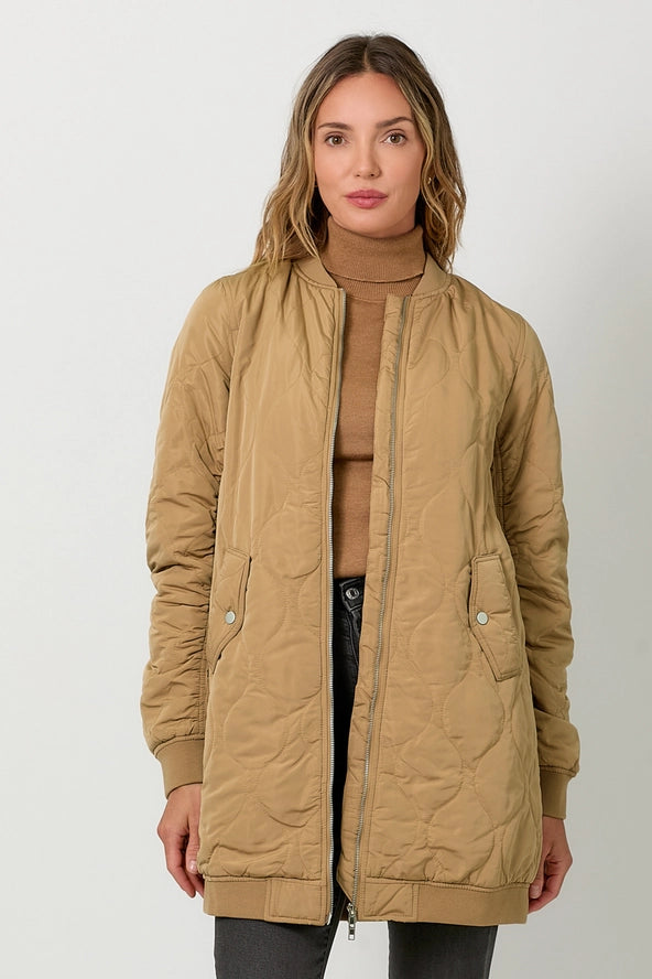 Quilted Long Bomber Jacket | Latte