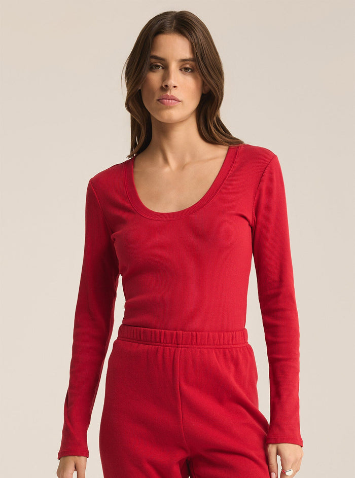 Sirena Rib Long-Sleeve Tee | Haute Red, Heather Taupe