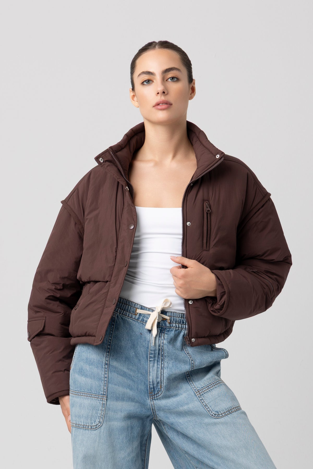 Cargo Pocket Crop Puffer Jacket | Brown