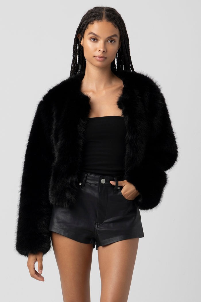 Collarless Fur Jacket | Black, Sand