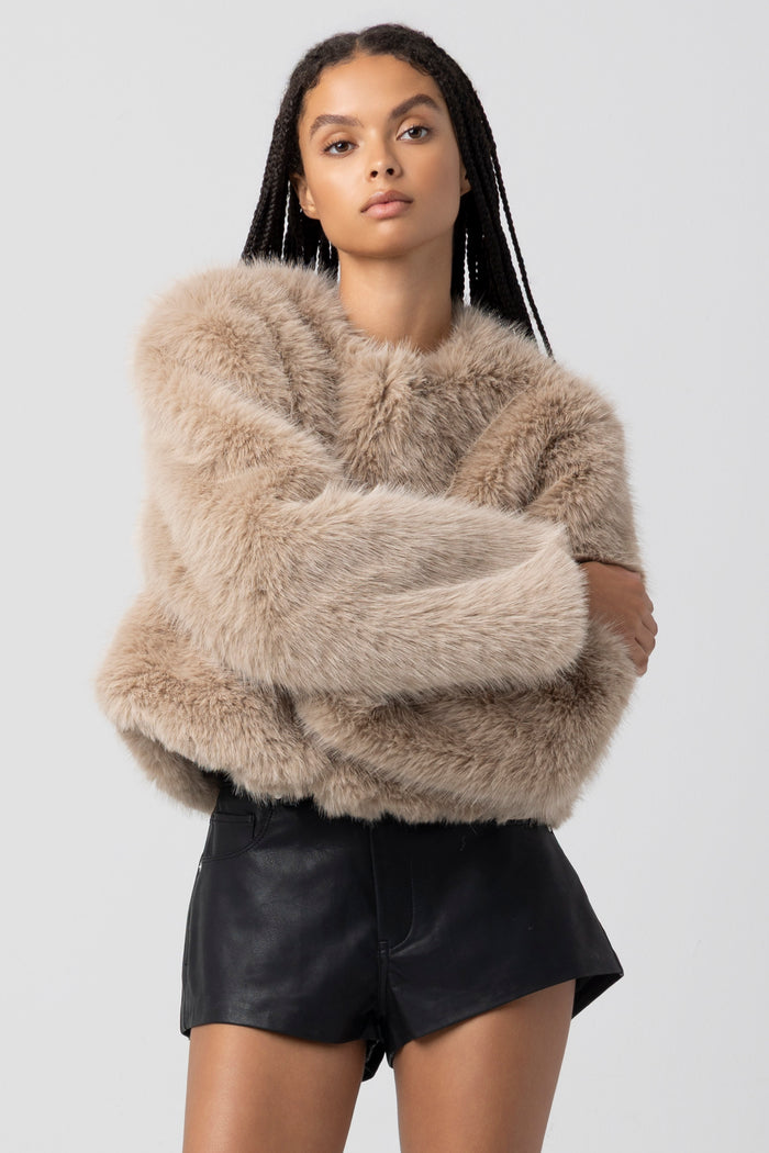 Collarless Fur Jacket | Black, Sand