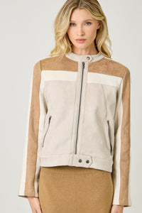 Color Blocked Moto Jacket | Oatmeal Combo