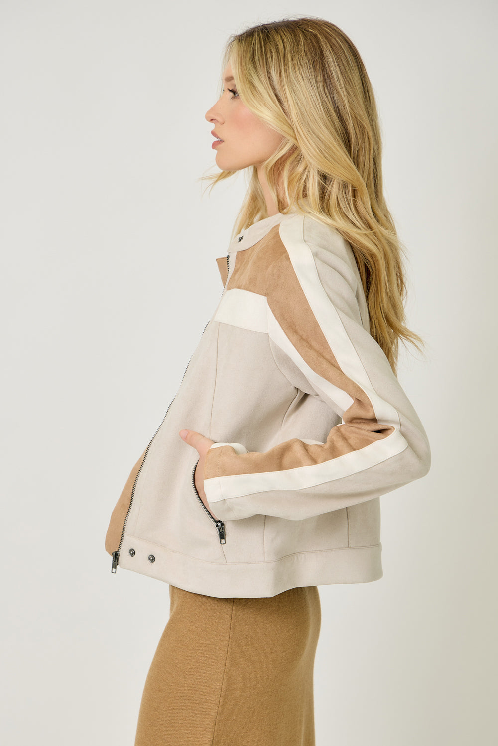 Color Blocked Moto Jacket | Oatmeal Combo