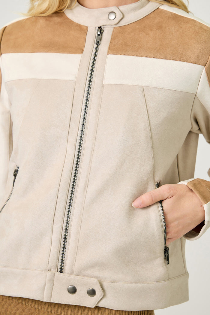 Color Blocked Moto Jacket | Oatmeal Combo