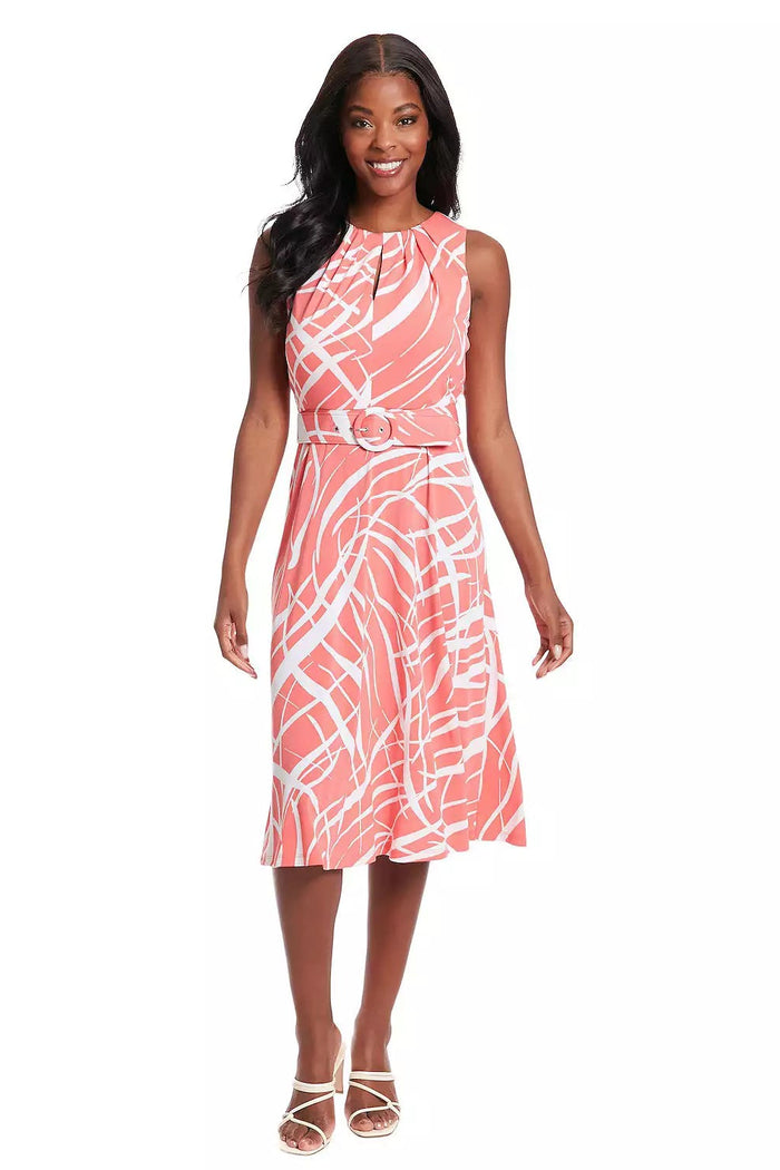 High Neck Geo Print Belted Jersey Dress