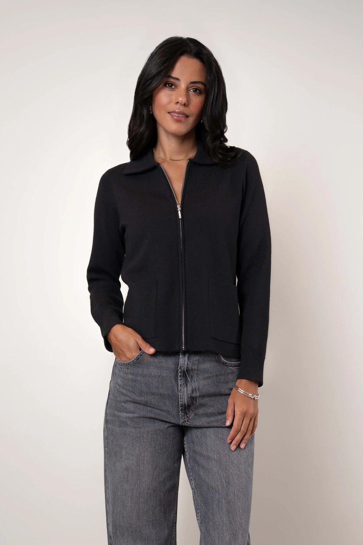 Flat Knit Zip Cardigan | Black, Cappuccino