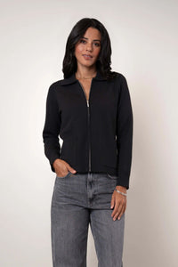 Flat Knit Zip Cardigan | Black, Cappuccino