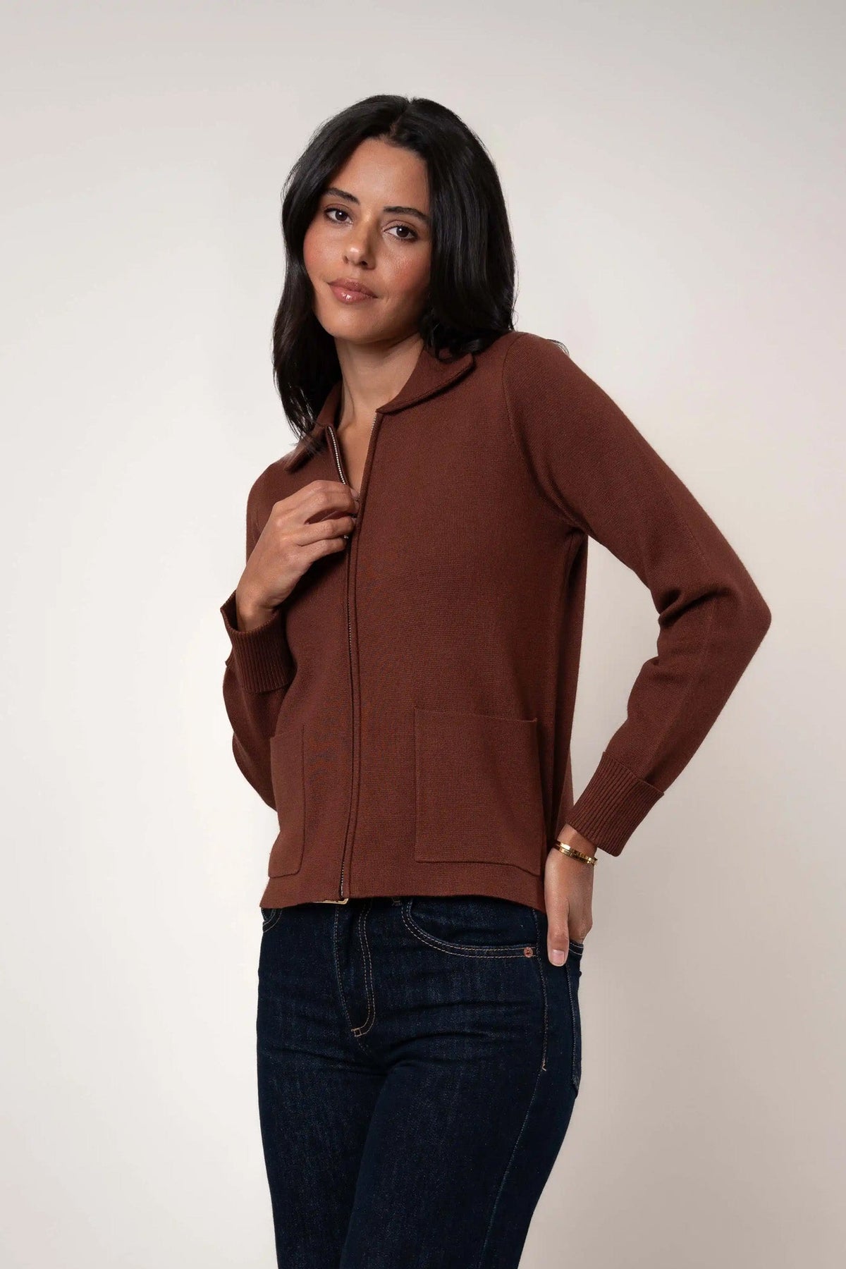 Flat Knit Zip Cardigan | Black, Cappuccino