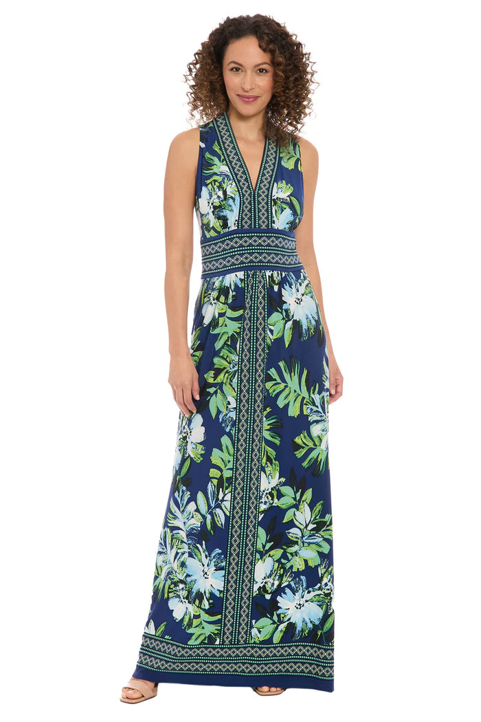 Jersey Floral Sleeveless V-Neck Maxi w/ Border Print | Navy/Green