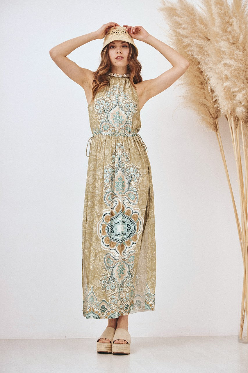 POSITIONAL PRINT HALTER DRESS