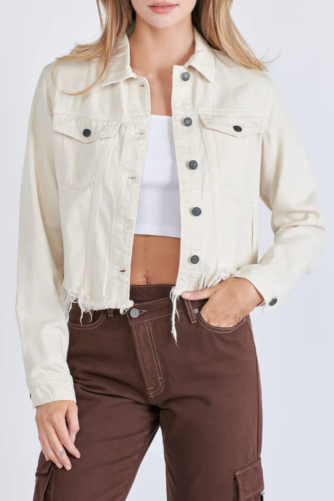 Hidden Jeans Fitted Jacket With Fringe Hem | White