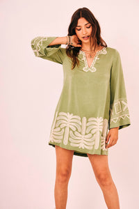 Long-Sleeve Embroidered Short Dress | Green