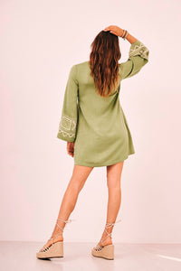 Long-Sleeve Embroidered Short Dress | Green