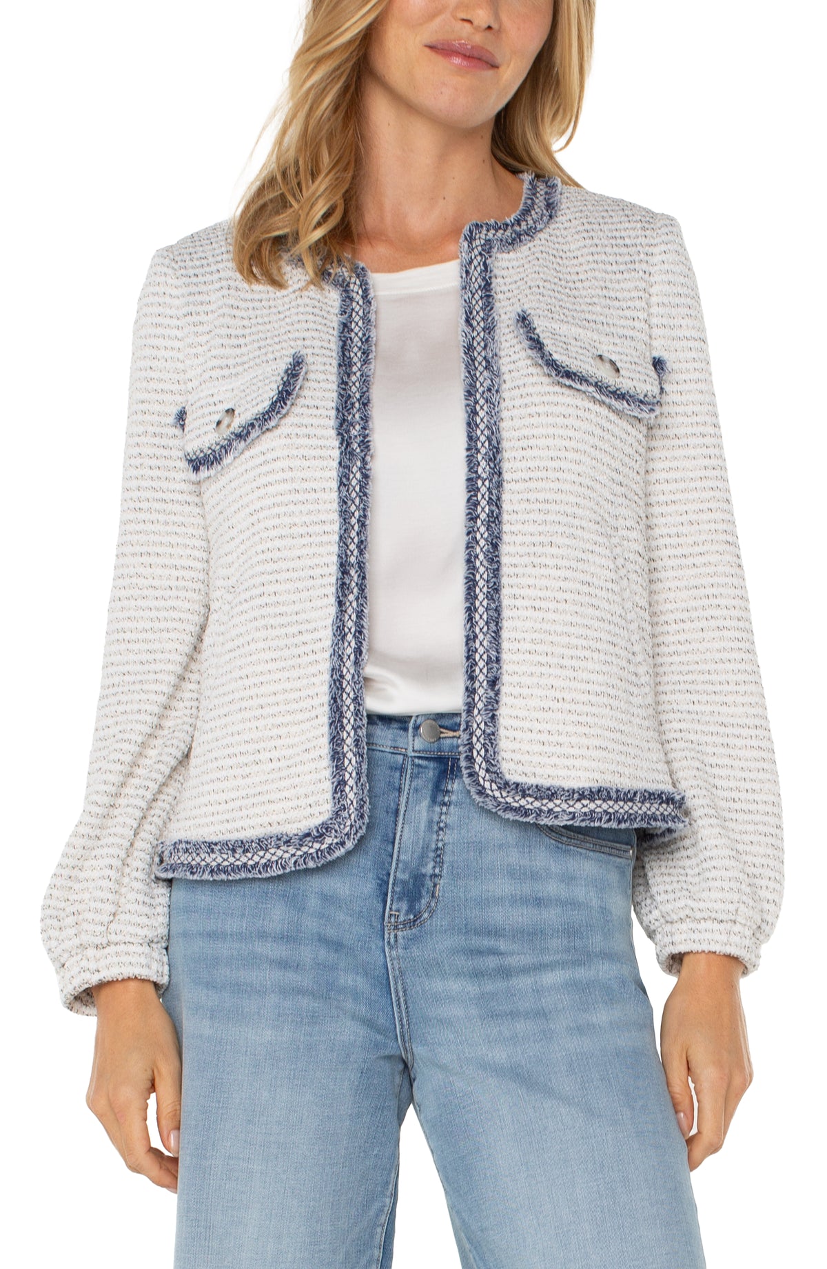 Collarless Jacket w/ Fray Detail | Cream Navy Boucle