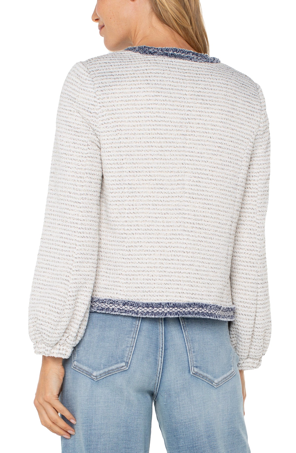 Collarless Jacket w/ Fray Detail | Cream Navy Boucle