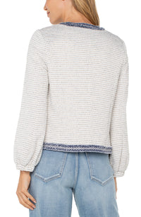 Collarless Jacket w/ Fray Detail | Cream Navy Boucle