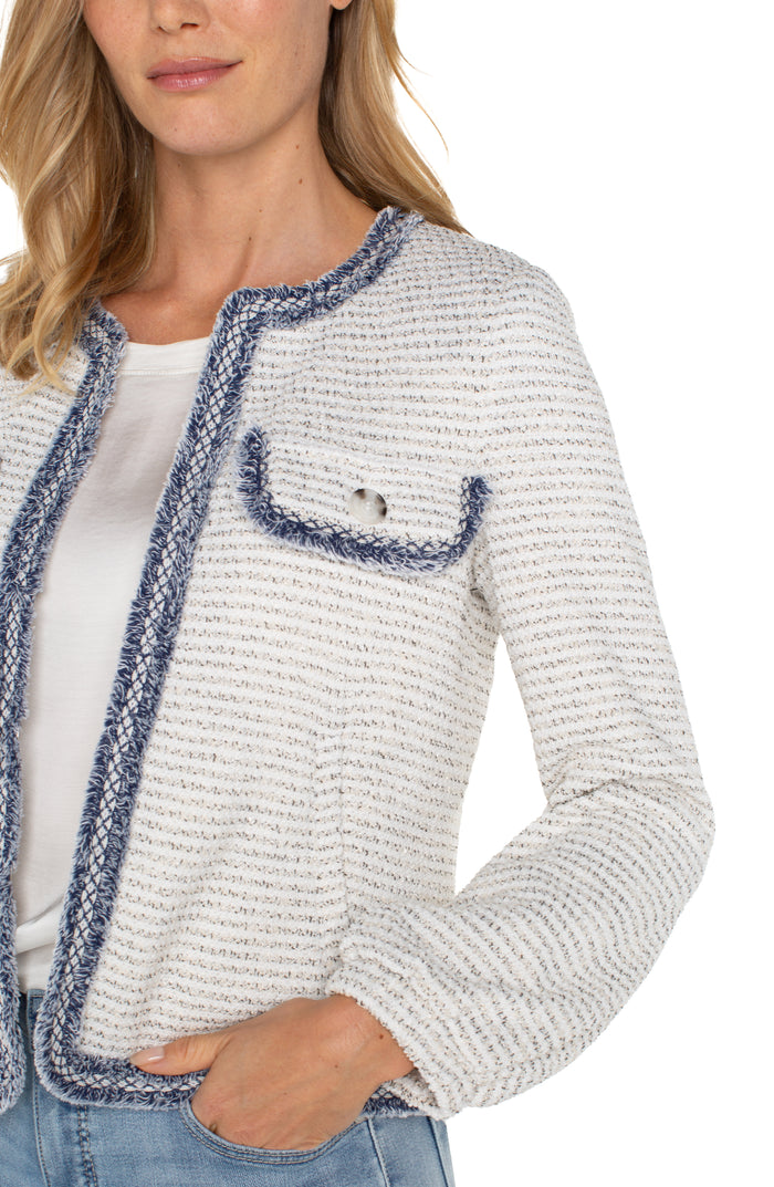 Collarless Jacket w/ Fray Detail | Cream Navy Boucle