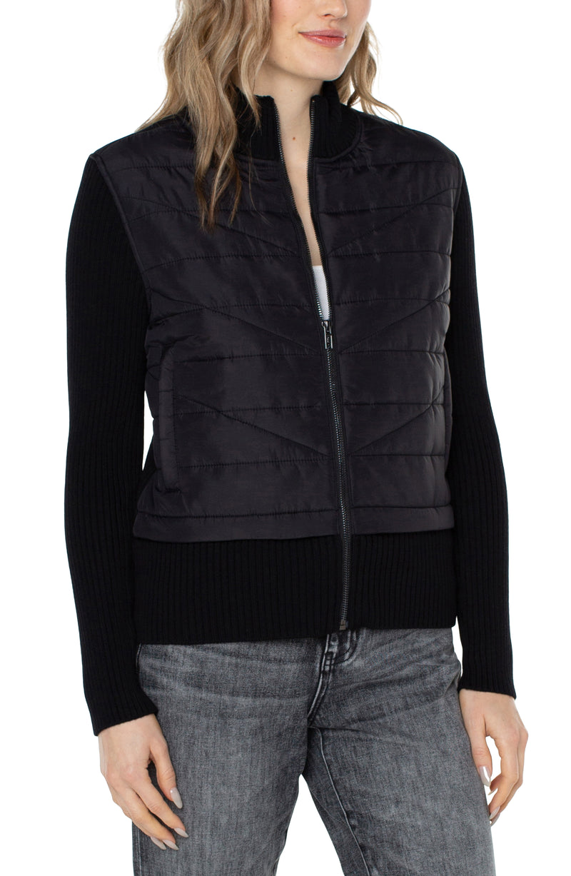 Quilted Front Full Zip Sweater | Porcelain, Black