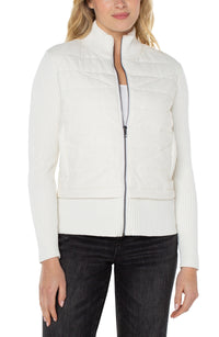 Quilted Front Full Zip Sweater | Porcelain, Black