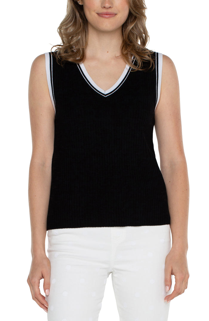 Sleeveless V-Neck Sweater with Trim Detail