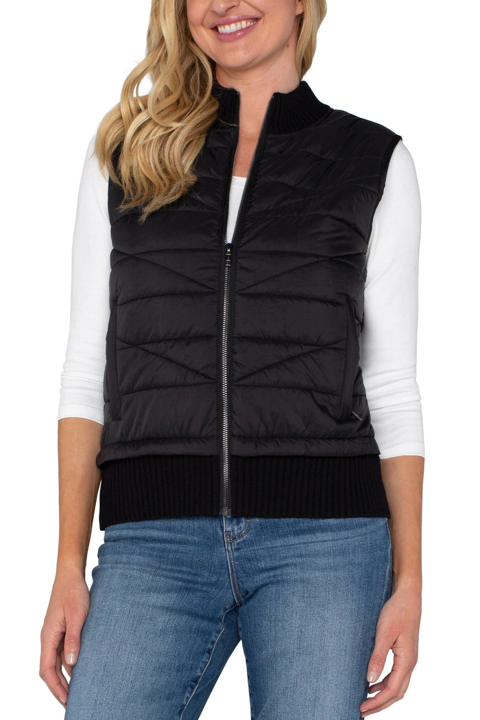 Sleeveless Quilted Full Zip Sweater Vest | Black