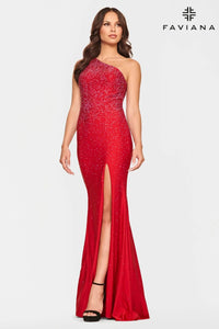 Faviana S10632 One Shoulder Hot Stone Gown | Ruby Red, Hot Pink, Black, Lilac