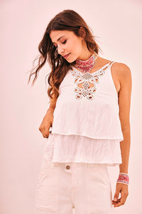 Embroidered Lace Cami with Ruffles | White