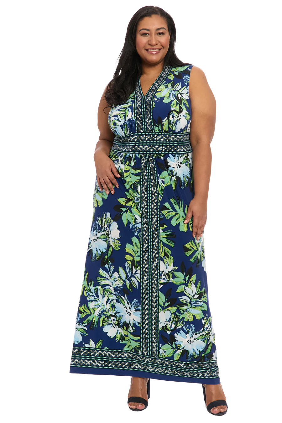 Jersey Floral Sleeveless V-Neck Maxi w/ Border Print | Navy/Green