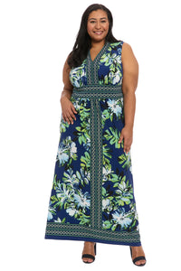 Jersey Floral Sleeveless V-Neck Maxi w/ Border Print | Navy/Green