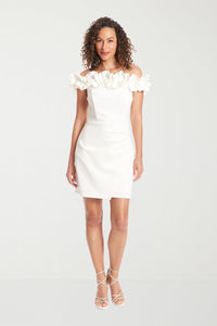 London times Off the Shoulder Ruffle Scuba Dress | Ivory