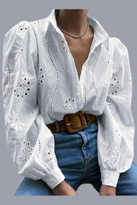 Embroidered Long-Sleeve Lapel Shirt | Blue, White