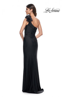 La Femme 32076 One Shoulder Satin Dress with Feathers