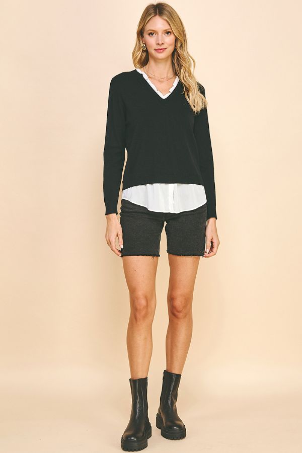 Long Sleeve V-Neck Layered Top | Black