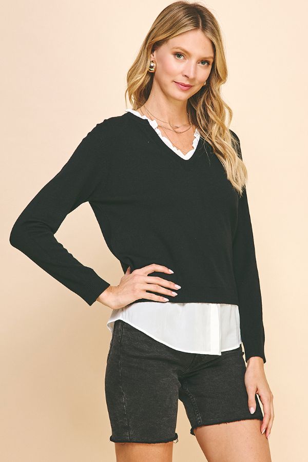 Long Sleeve V-Neck Layered Top | Black