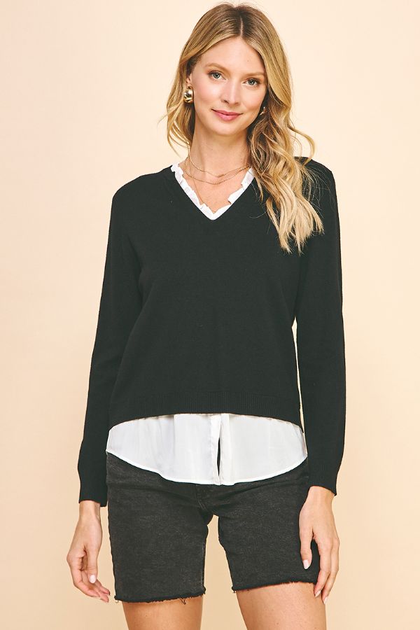 Long Sleeve V-Neck Layered Top | Black