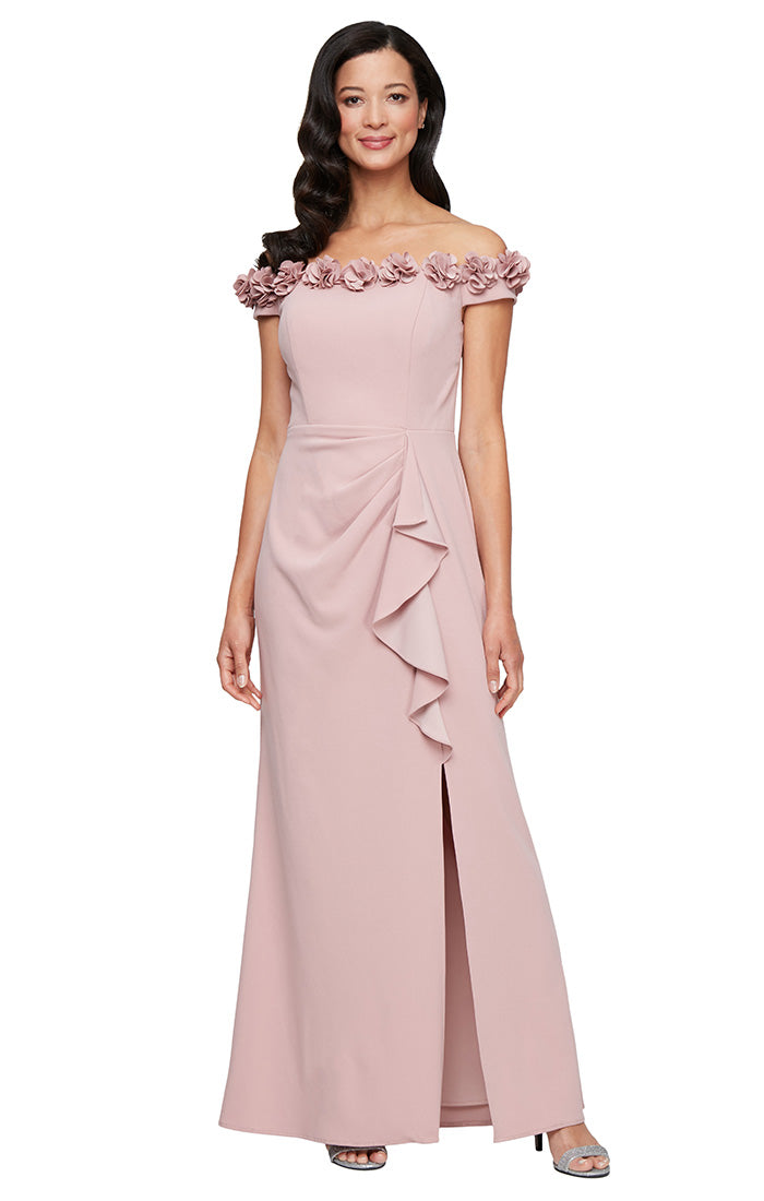 Off Shoulder Dress w 3D Flower Neckline | Black, Aubergine, Royal, Blossom, Dark Fuschia