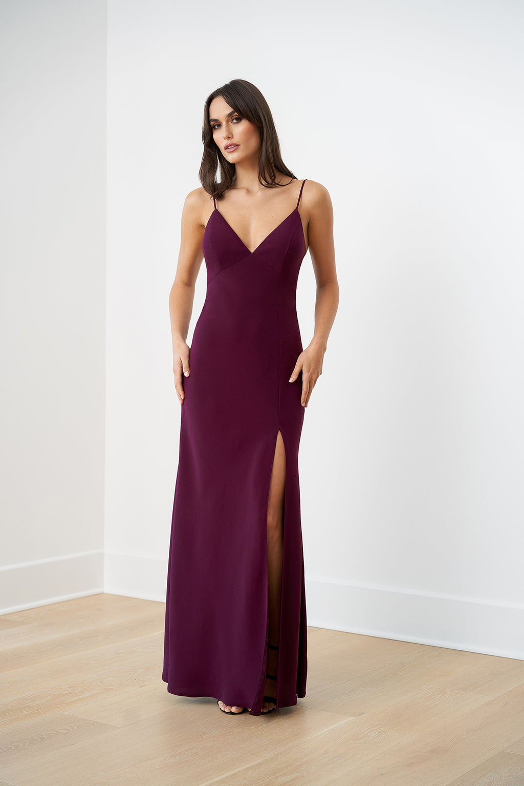 T222055 Beautiful Sleek Jasmine Crepe Fit and Flare Gown with High