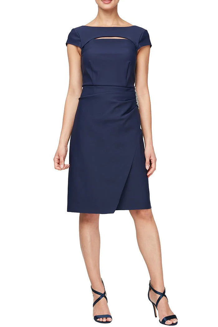 Alex Group Cap Sleeve Sheath with split Neckline & Embellishment  | Navy